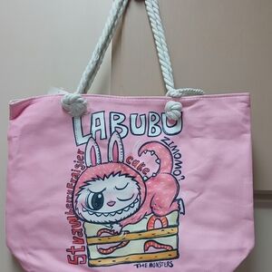 Larubo Pink Canvas Tote with Playful Monster Design